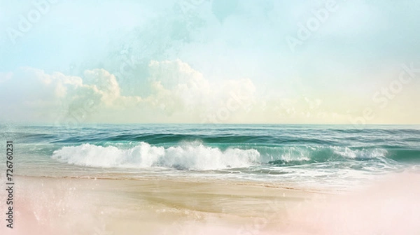 Fototapeta Watercolor Wonders: Serene Beaches to Playful Shores in Soft Pastels and Vibrant Hues