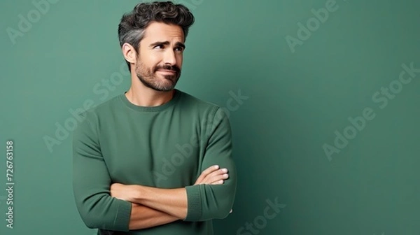 Fototapeta Portrait of a Person Smiling, Bearded Man Wearing a Green Long Sleeve Shirt, Background with Copy Space for Text, Fashion Model Advertisement Backdrop 