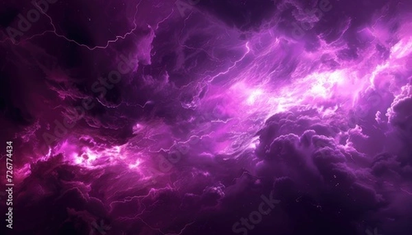 Fototapeta Abstract purple thunder lightnings against black sky background, storm weather backdrop