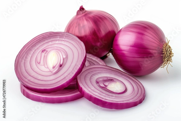 Fototapeta An image showcasing freshly cut red onions, isolated on a white background, highlighting their rich color and texture.