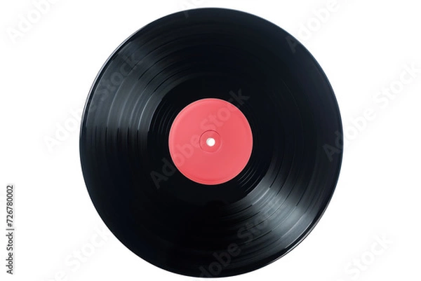 Obraz Close-up view of a classic black vinyl record with a red label, isolated on a white background. The grooves and texture are highlighted.