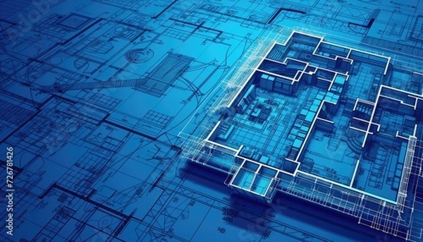Obraz Abstract blue architecture plans background from above, building engineering blueprints backdrop