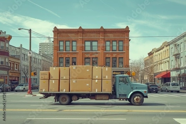Fototapeta A sturdy truck, laden with boxes, stands parked under the vast sky, its wheels firmly planted on the road surface as it awaits its next journey through the bustling city streets of the neighbourhood