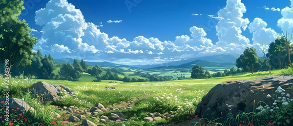 Fototapeta Anime Cartoon Lush Landscape with Clouds