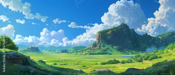 Fototapeta Anime Cartoon Lush Landscape with Clouds