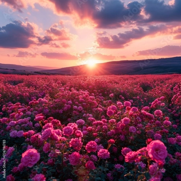 Obraz Stunning landscape with Roses field at sunset . pink Roses field