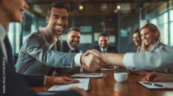 Fototapeta Group of People Shaking Hands Over a Table