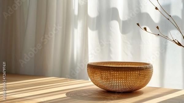 Fototapeta Woven Basket on Wooden Table in Sunlit Room. Generative ai