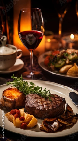 Fototapeta A Portrait of a juicy Tenderloin Steak next to sides, WIne on the Table. Cozy and warm atmosphere