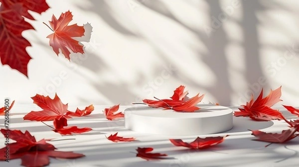 Fototapeta Empty white geometric podium with red autumn leaves and beautiful shadows. Showcase for product presentation, aesthetic style : Generative AI