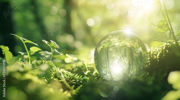 Fototapeta Environment Concept - Globe Glass In Green Forest With Sunlight : Generative AI
