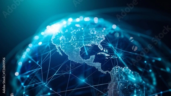 Fototapeta Communication technology and internet worldwide for business. Global world network connected and telecommunication on earth cryptocurrency, blockchain and IoT. : Generative AI