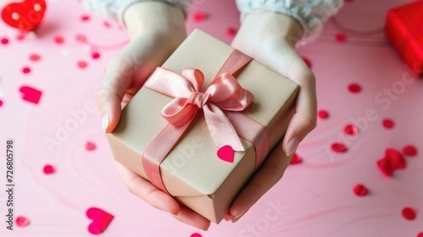 Fototapeta Close-up on female hands holding a Valentine's Day gift, heartfelt gesture, Ai Generated.