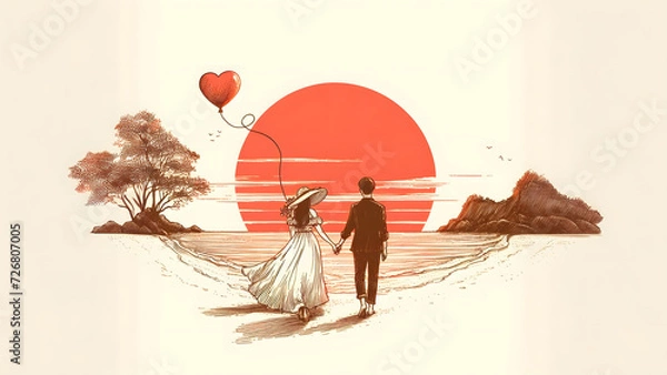 Obraz Valentine's Day, Sunset Embrace - AI Generated Illustration