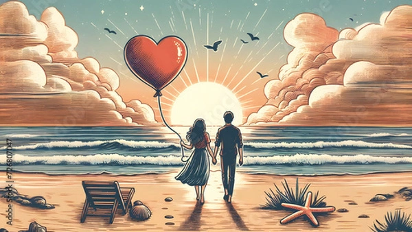 Obraz Valentine's Day, Sunset Embrace - AI Generated Illustration, Realistic