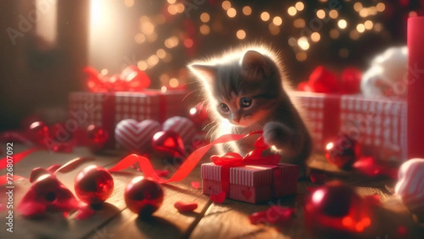 Obraz Valentine's Day, A Kitten’s Christmas Surprise - AI Generated Illustration, Realist