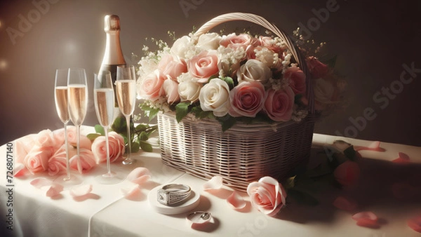 Obraz Valentine's Day, Eternal Love - A Toast to Romance Amidst Blooms - AI Generated Illustration, Realistic