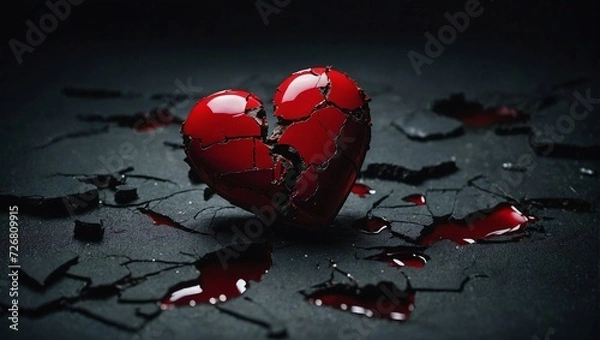 Fototapeta Broken red heart on a dark retro background. Minimal abstract lost love and breakup concept. Loved ones we lost idea and strong emotions idea. With copy space.