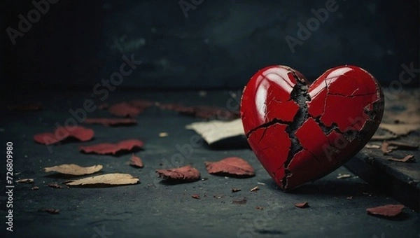 Fototapeta Broken red heart on a dark retro background. Minimal abstract lost love and breakup concept. Loved ones we lost idea and strong emotions idea. With copy space.