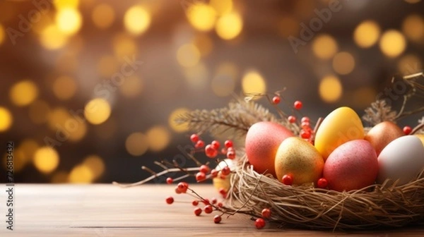 Fototapeta Colorful Easter eggs in a nest with red berries and pine twigs against a golden bokeh light background.