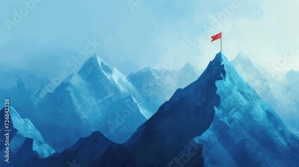 Fototapeta Red Flag Flies Atop Steep Mountain Summit