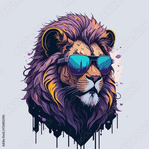 Fototapeta A lion with sunglasses and a trendy vibe takes center stage in this imaginative t-shirt design, set against a lush and enchanting flora.