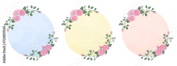 Fototapeta ばらの水彩風フレームのセット、円形　ベクター