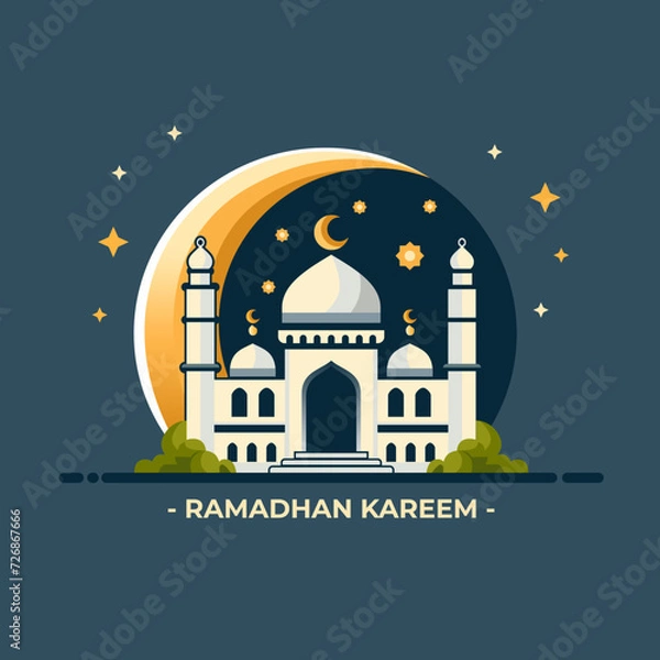 Fototapeta mosque with a crescent moon behind it and plants beside it and a star with two minarets for Ramadan greeting cards