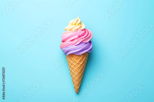 Obraz Colorful ice cream in waffle cone flat lay on colored background. Generative AI