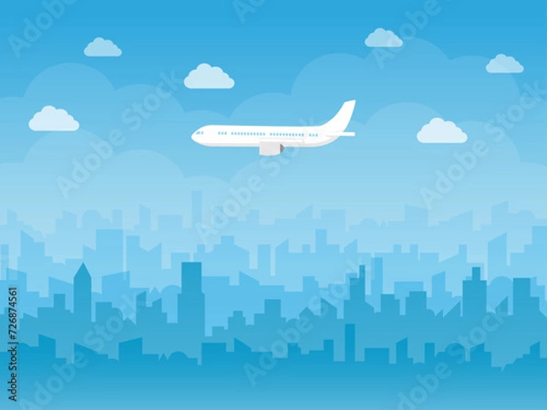 Fototapeta 旅行のイラスト、晴れた日の空を飛ぶ飛行機。フライト中の旅客機と街並みを描いたベクター素材。