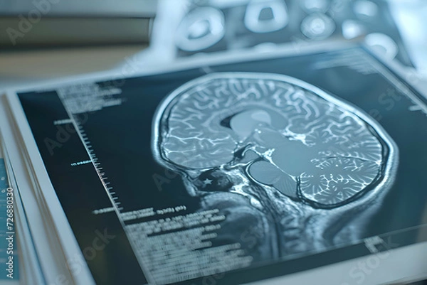 Fototapeta An illustration of a picture of Mri brain scan on the table. Mri reading a MRI paper.