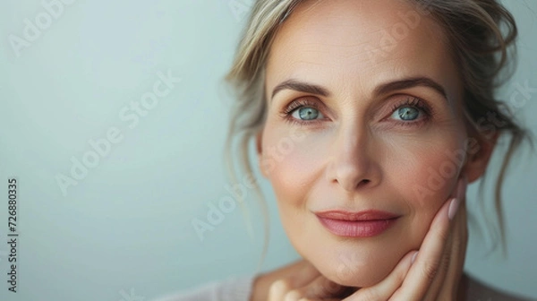Fototapeta Radiant middle aged beauty, skincare perfection on display. Maturity embraced with elegance on a pristine white canvas. #BeautyConcept #SkincareGlow
