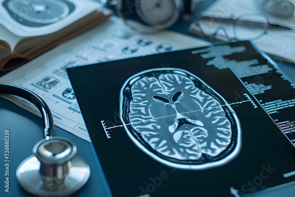 Fototapeta An illustration of a picture of Mri brain scan on the table. Mri reading a MRI paper.