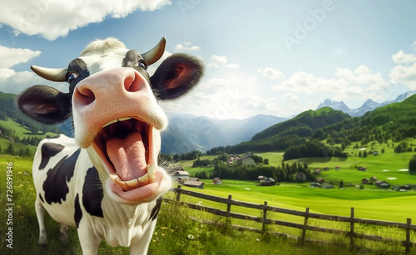 Fototapeta Śmieszna krowa na zielonym polu. Czarno -biała krowa Holstein Tło dla produktów mlecznych, rolnictwo. Szeroki baner panorama z przestrzenią kopii tekstu Vita