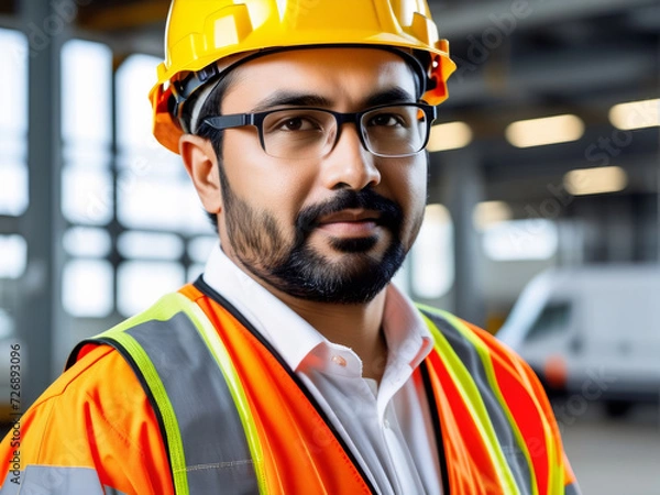 Fototapeta A captivating portrayal of a skilled maintenance engineer, adorned in a professional uniform and helmet.