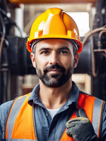 Fototapeta A captivating portrayal of a skilled maintenance engineer, adorned in a professional uniform and helmet.