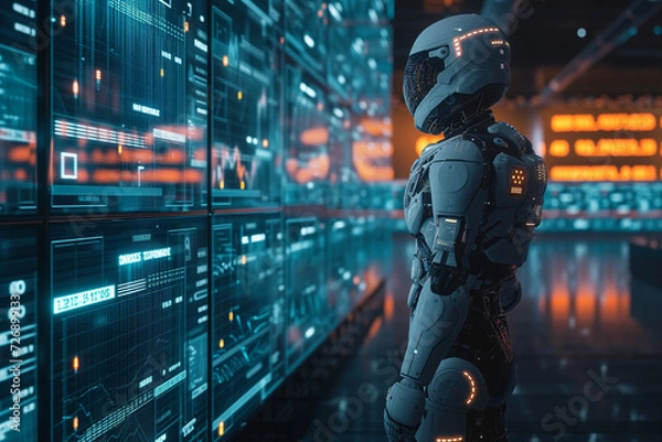 Obraz AI robot is standing in the data room that has many monitors visualizing data