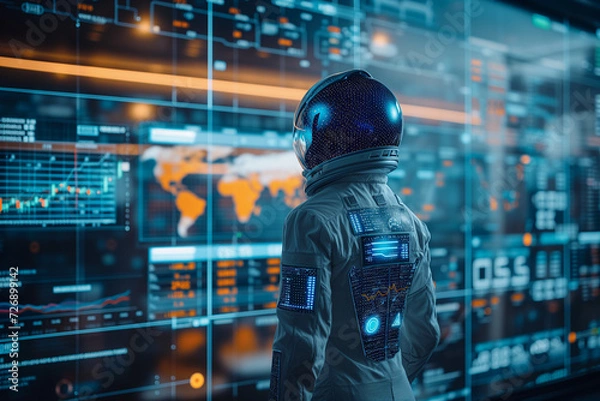 Obraz AI robot is standing in the data room that has many monitors visualizing data