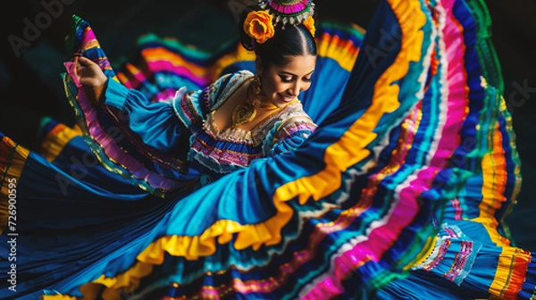 Fototapeta Beautiful young woman wearing traditional costume of mexican dancer in Mexico