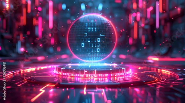 Fototapeta A dark room with a round platform lit by pink and blue neon lights.