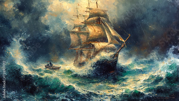 Fototapeta Sailing Ship in a Storm Painting.  Generated Image.  A digital painting of a sailing ship from the 1800’s in a storm.