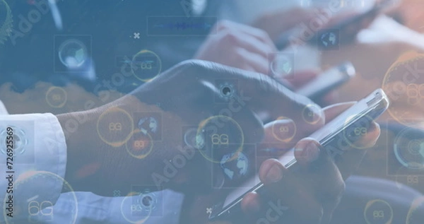 Fototapeta Image of 6g text, scopes scanning and business people using electronic devices