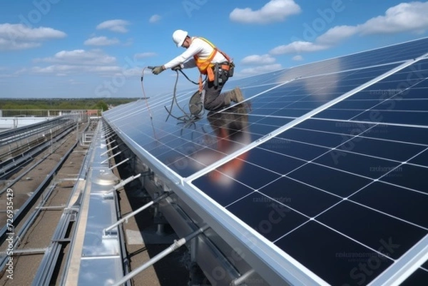 Fototapeta Engineer developing high efficiency photovoltaic solar panel with modern machinery