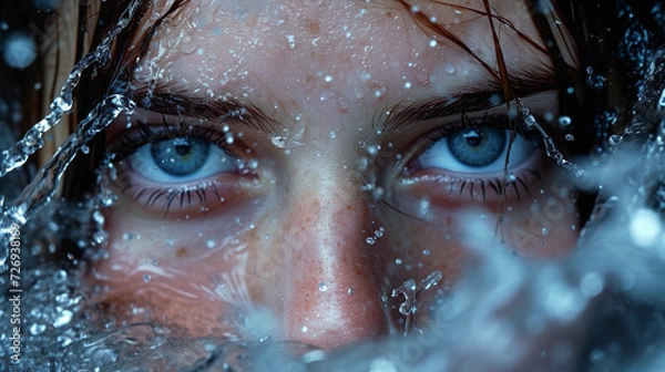 Obraz Close-up of a girl's face half submerged in water, against a dark background, studio lighting.