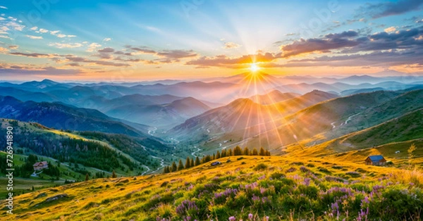 Obraz A beautiful sunset over a grassy mountain range with a trail leading up to the top.
