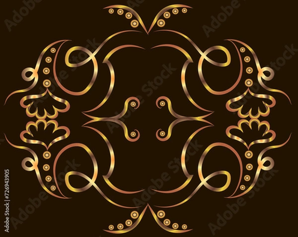Obraz Graphic fantasy ornament with swirls, concentric circles and leaves. Gold gradient on a black background for printing on fabric, applique and cards.
