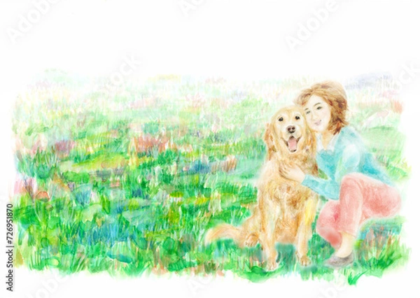 Fototapeta 犬と女性　手描き
