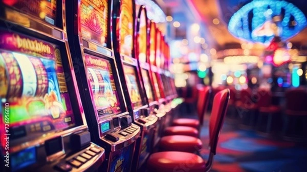 Fototapeta Slot machine screen with virtual visual effect. Blurred casino on background