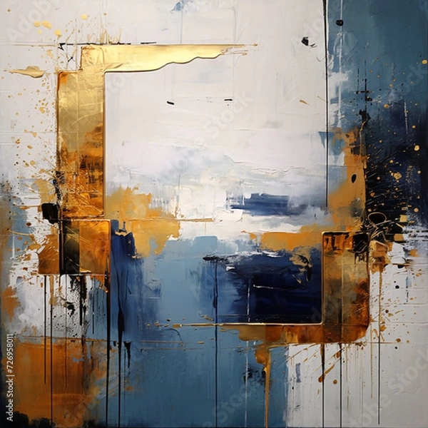 Fototapeta Blue color acrylic abstract art painting with brush stoke effects and golden yellow touch in white background  