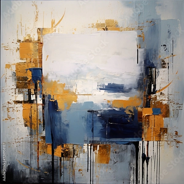 Fototapeta Blue color acrylic abstract art painting with brush stoke effects and golden yellow touch in white background  